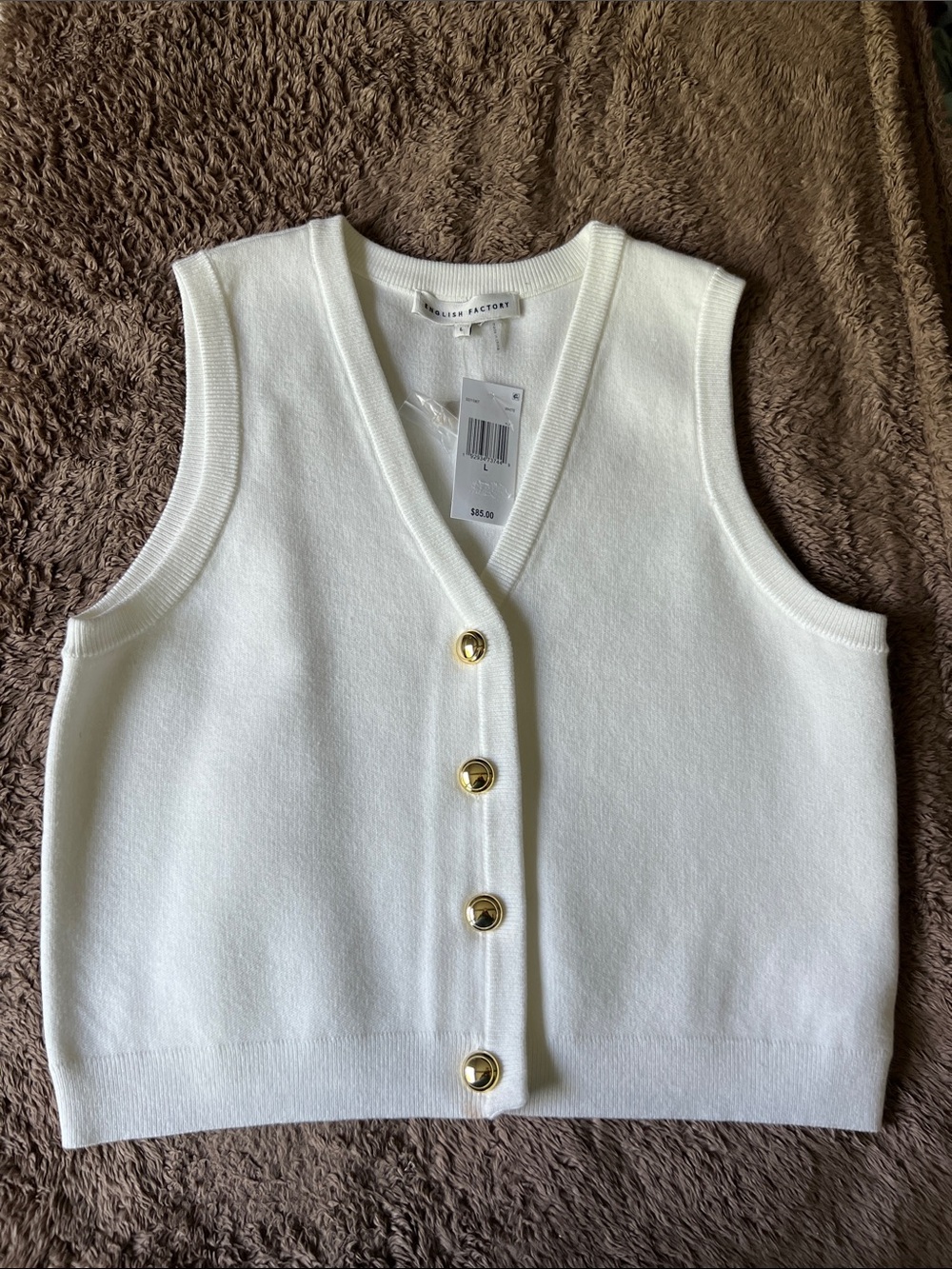 English Factory Cream V-Neck Button Front Knit Vest with Gold Buttons